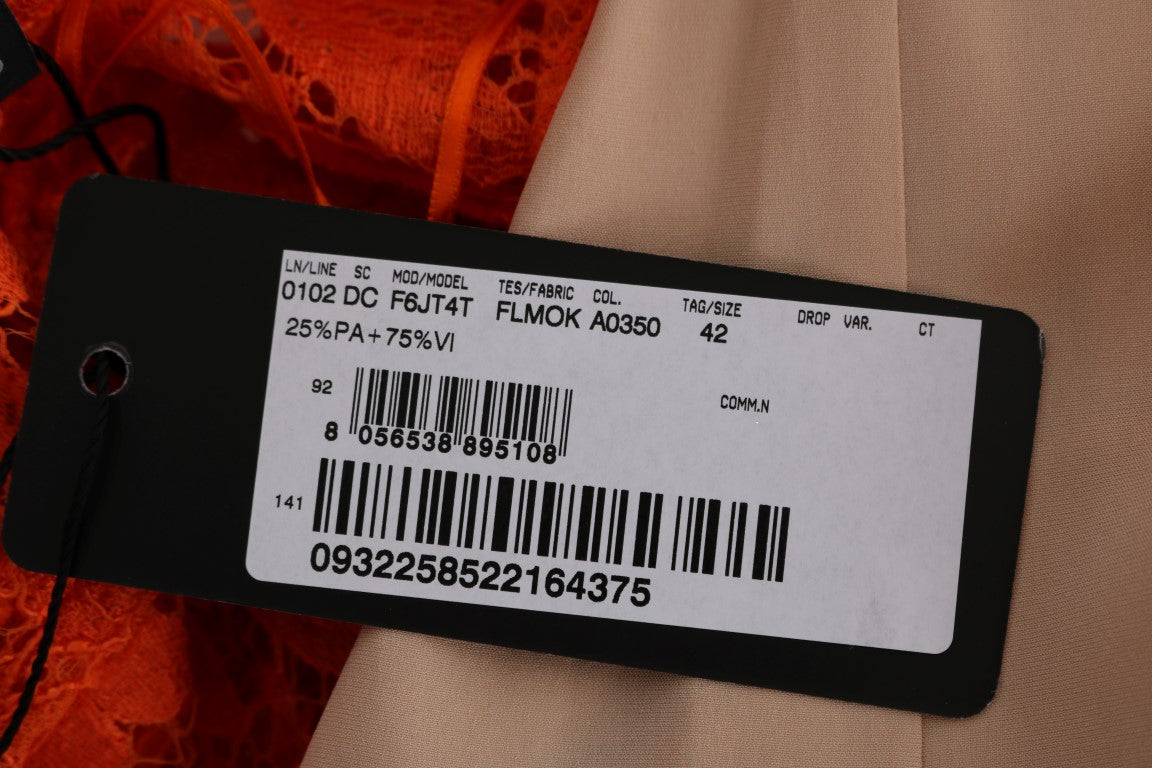 Dolce & Gabbana Orangefarbenes geblümtes langes Ricamo Etuikleid