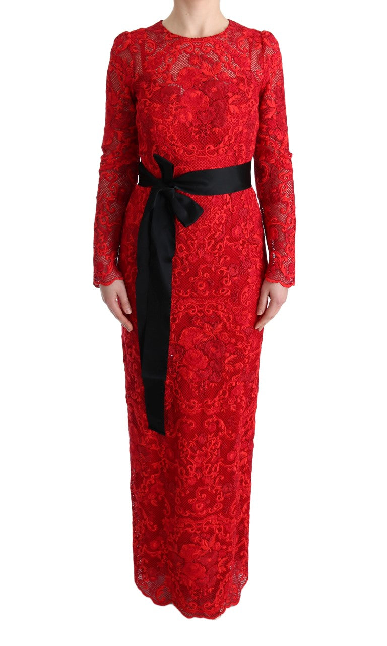 Dolce & Gabbana Rotes geblümtes langes Ricamo Etuikleid