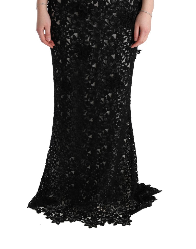 Dolce & Gabbana Schwarzes geblümtes langes Kleid aus Baumwollseide