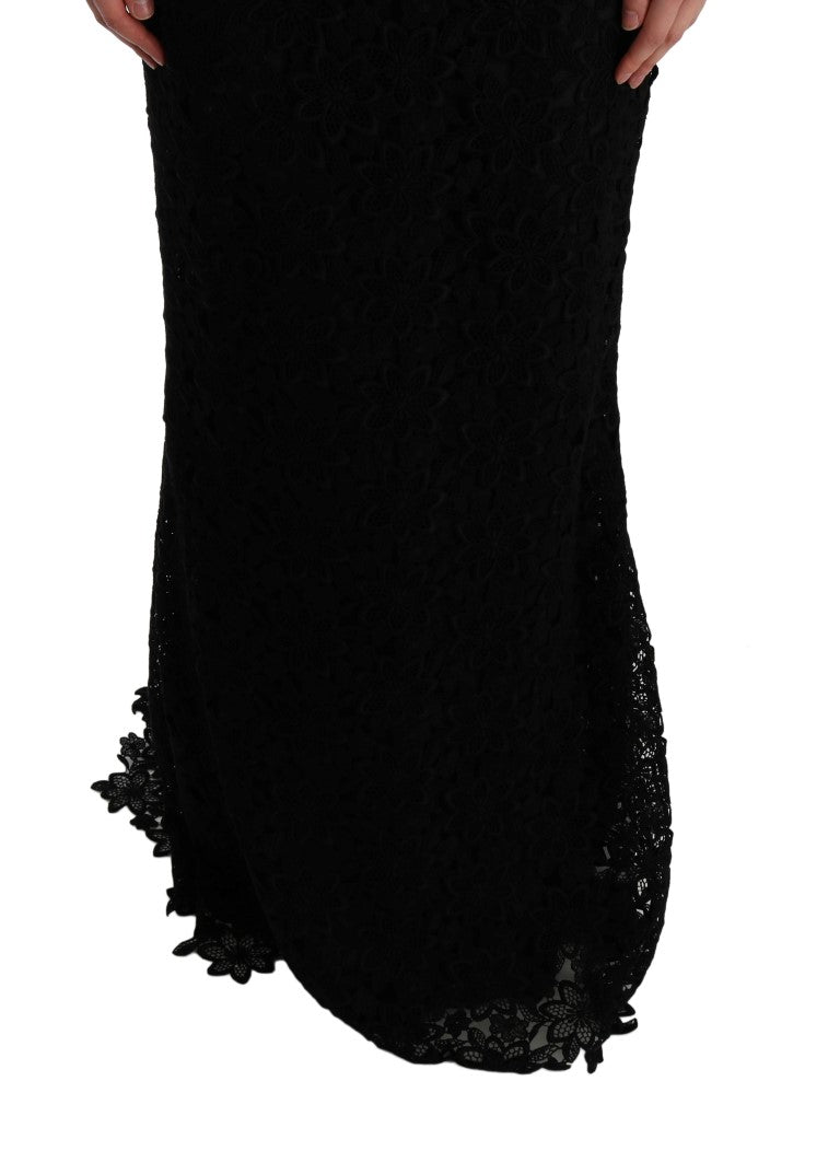 Dolce & Gabbana Schwarzes geblümtes langes Ricamo Etuikleid