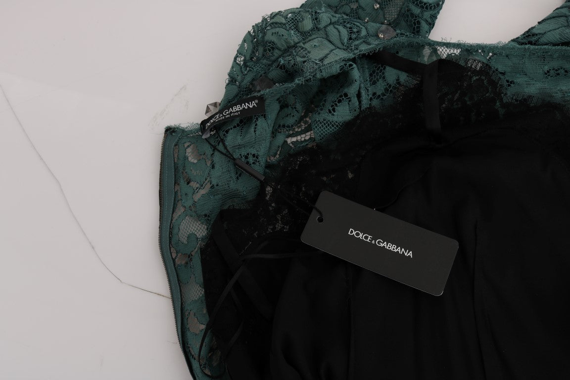 Dolce & Gabbana Grünes geblümtes Crystal Ricamo Etuikleid