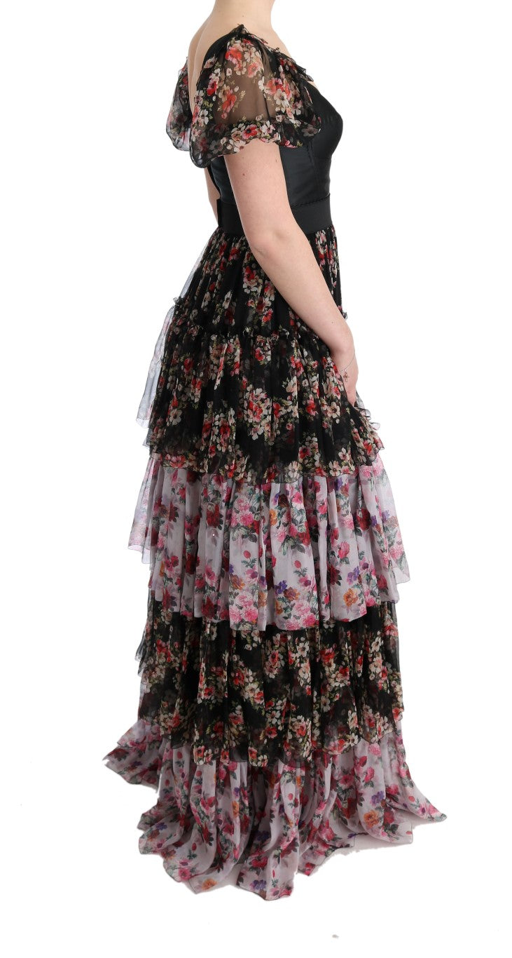 Dolce & Gabbana Multicolor Seiden Stretch Floral Shift Langes Kleid