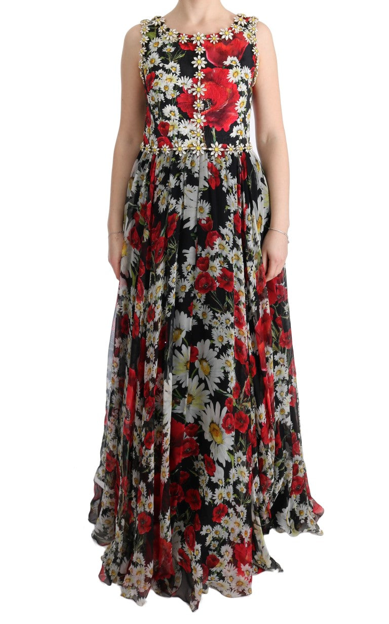 Dolce & Gabbana Langes Maxikleid aus geblümter Seide mit Kristall