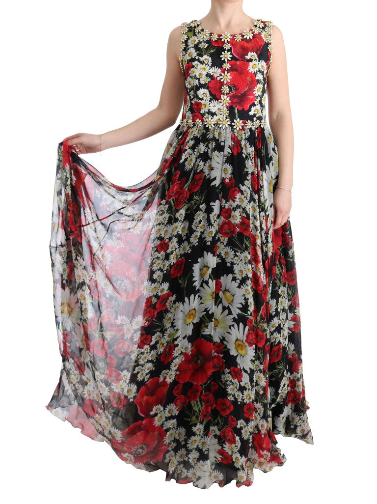 Dolce & Gabbana Langes Maxikleid aus geblümter Seide mit Kristall