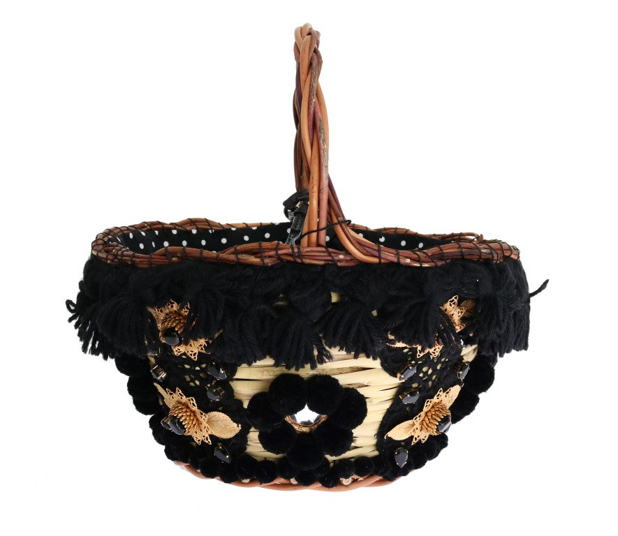 Dolce & Gabbana Beige Stroh Schlangenhaut Pom Pom Kristall AGNESE Tasche