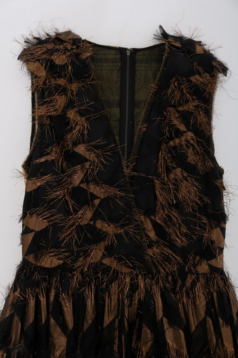 Dolce & Gabbana Schwarzes Seidenkleid mit braunen Fransen in A-Linie