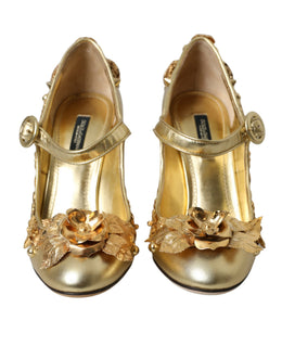 Dolce & Gabbana Gold Leder Kristall Mary Janes Pumps Schuhe