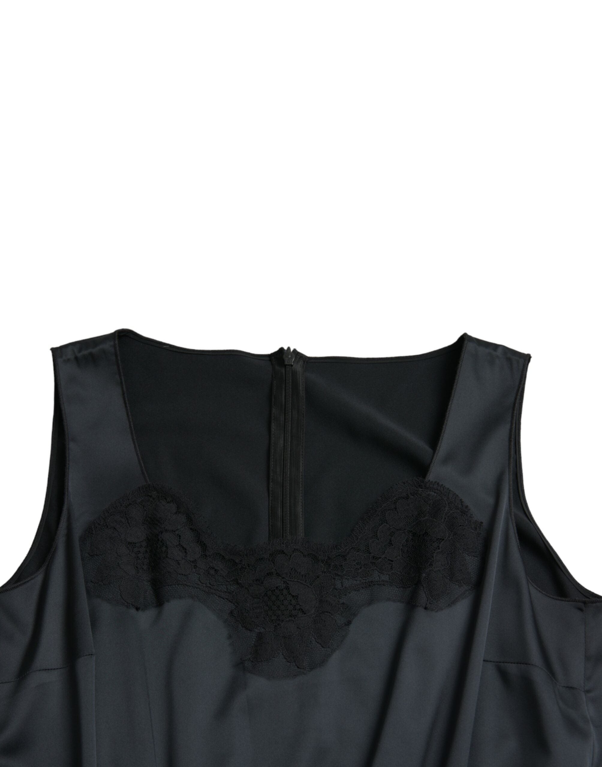 Dolce & Gabbana Schwarzes Polyester-Midikleid mit Spitzenbesatz