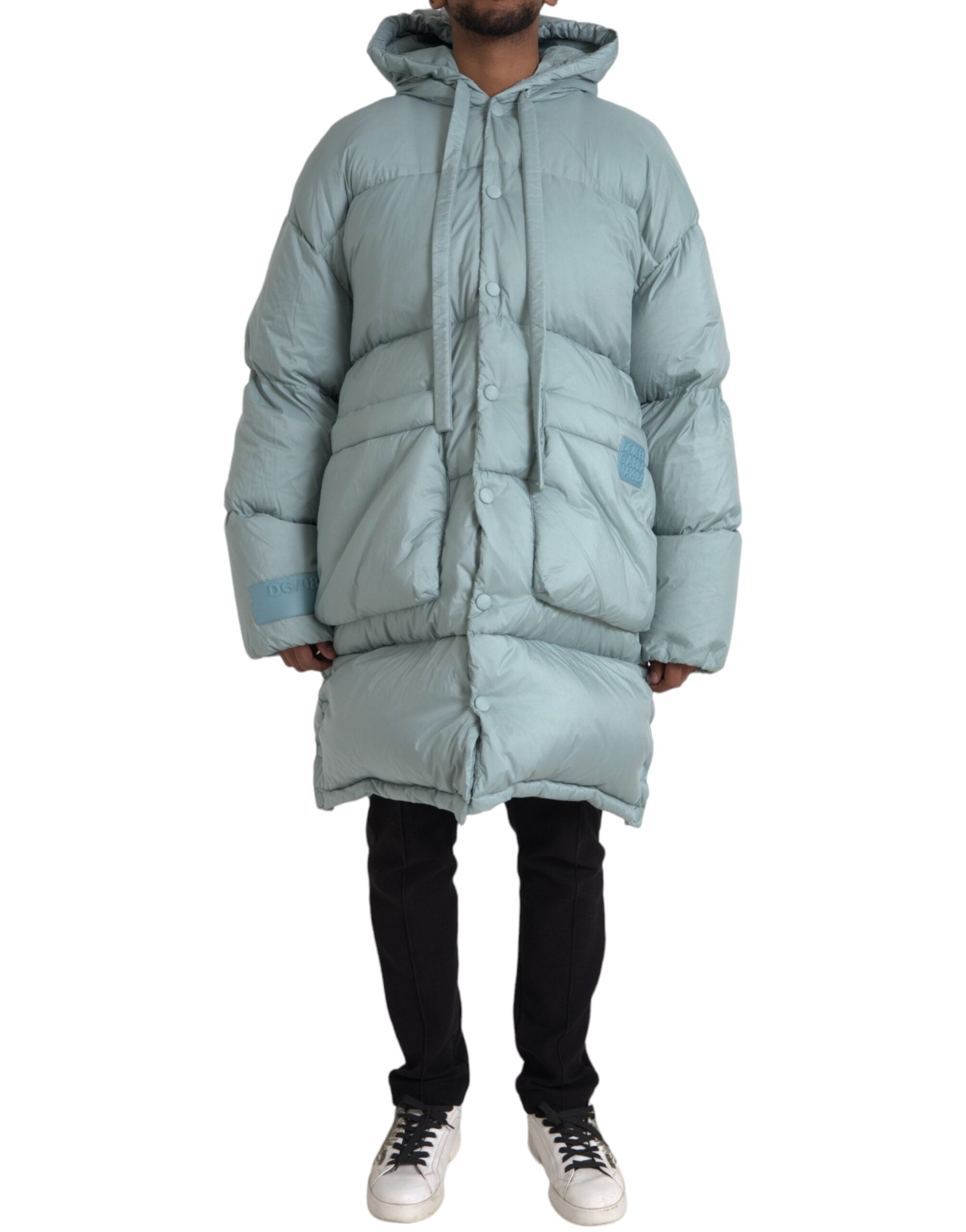 Dolce & Gabbana Hellblaue gesteppte Kapuzen-Pufferjacke Männer