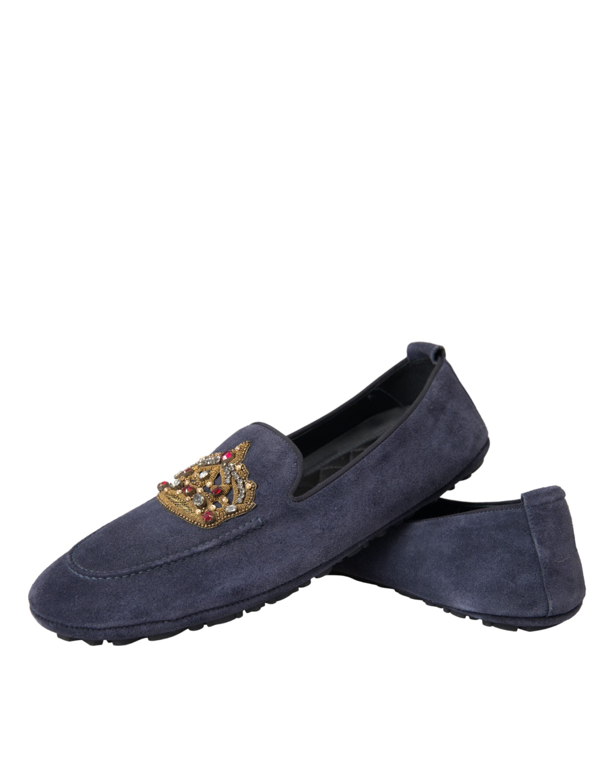 Dolce & Gabbana Blaue Leder Wildleder Crystal Crown Loafers Schuhe