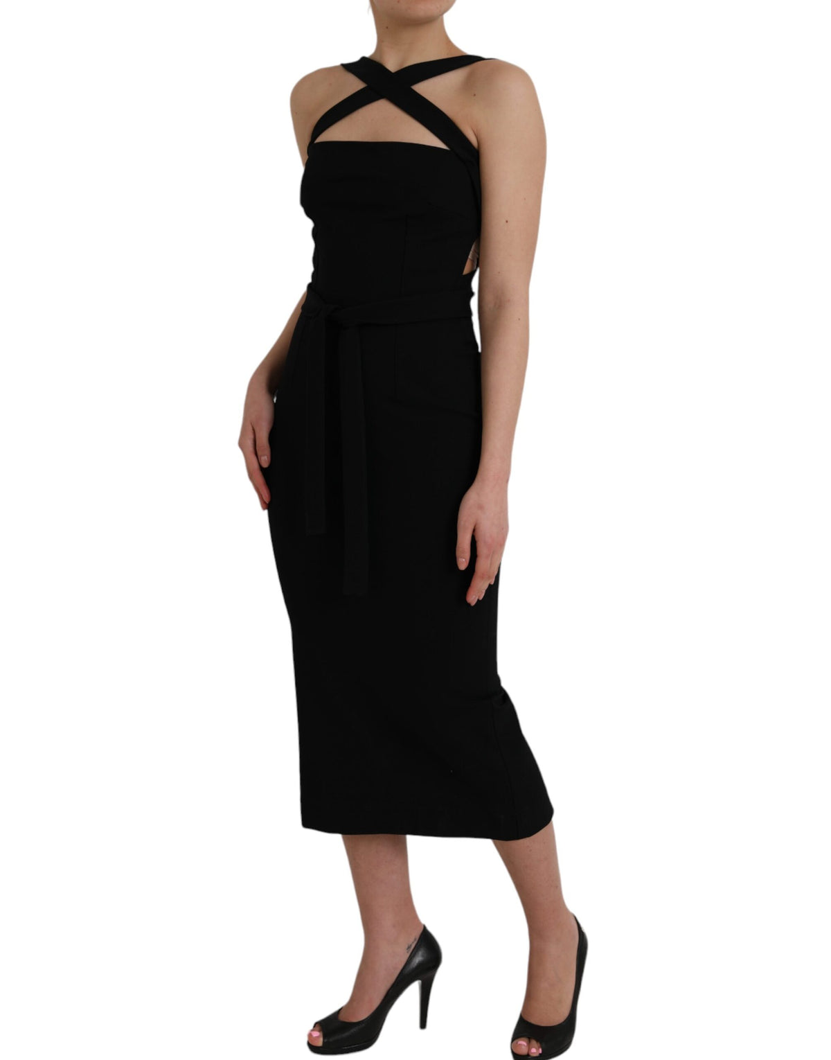 Dolce & Gabbana Schwarzes ärmelloses Midikleid mit Mantelhalter