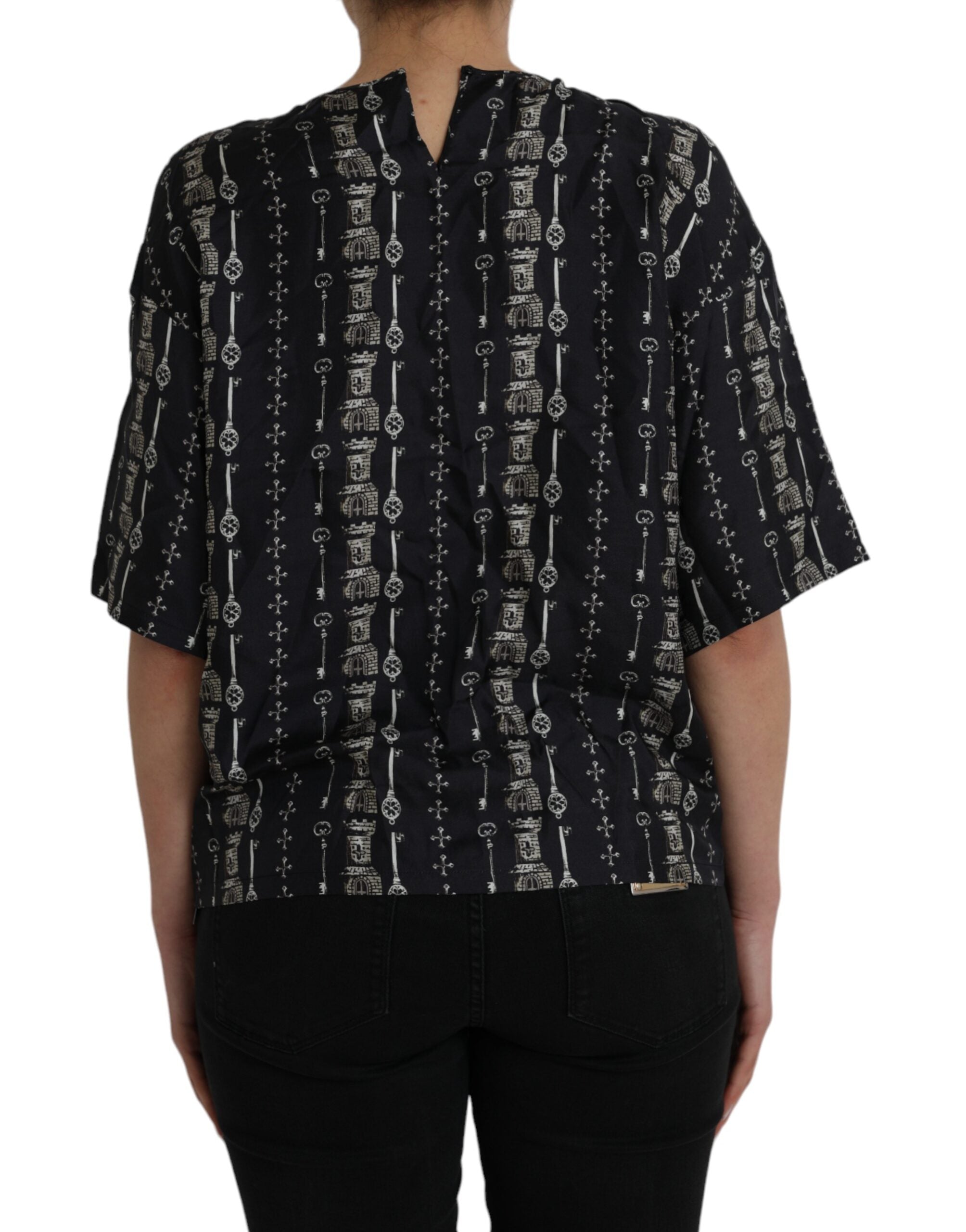 Dolce & Gabbana Schwarzes Seidenblusen-T-Shirt mit Schlüsselanhänger
