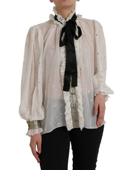 Dolce & Gabbana Off White Seidenmischung Ascot-Kragen Bluse Top