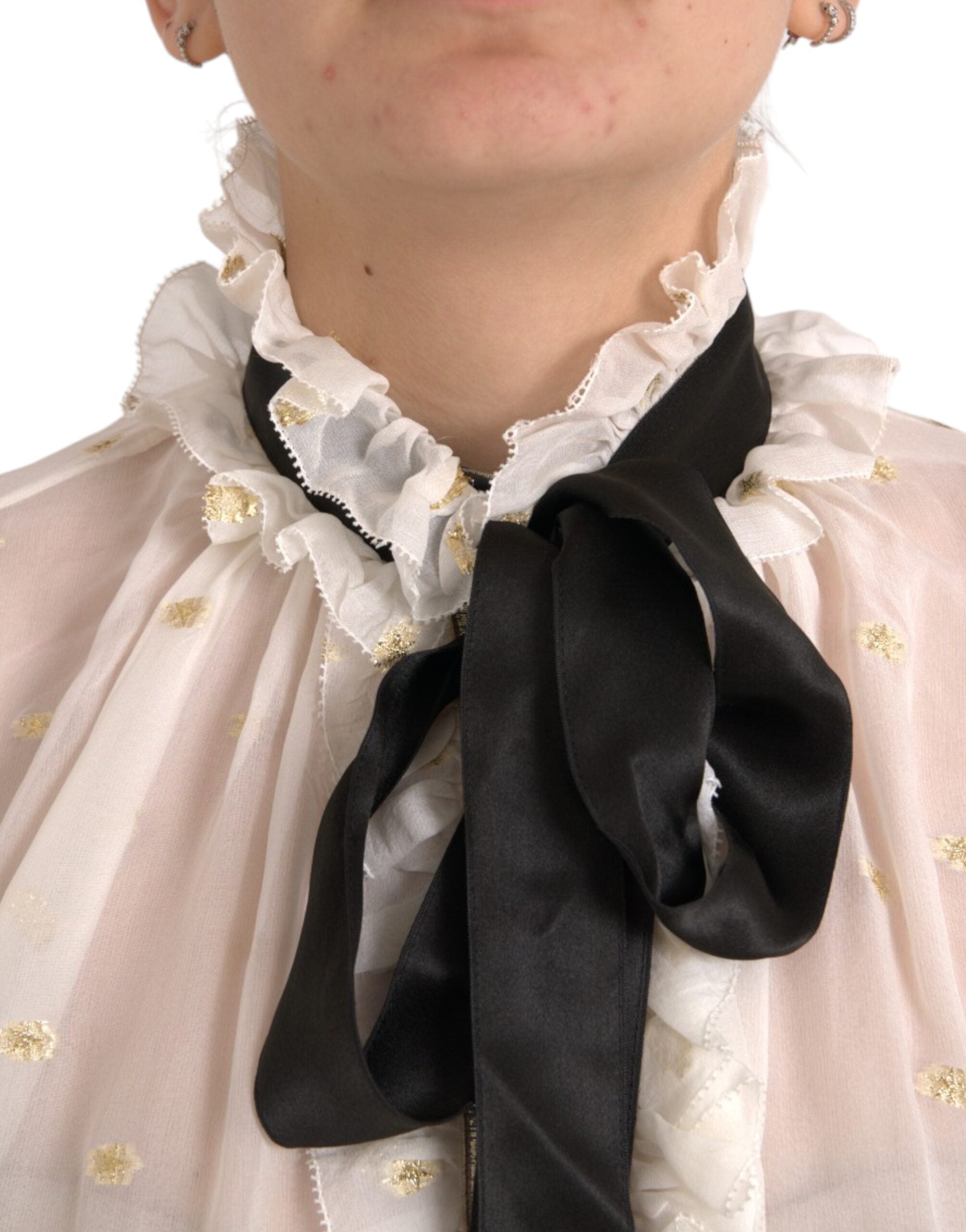 Dolce & Gabbana Off White Seidenmischung Ascot-Kragen Bluse Top
