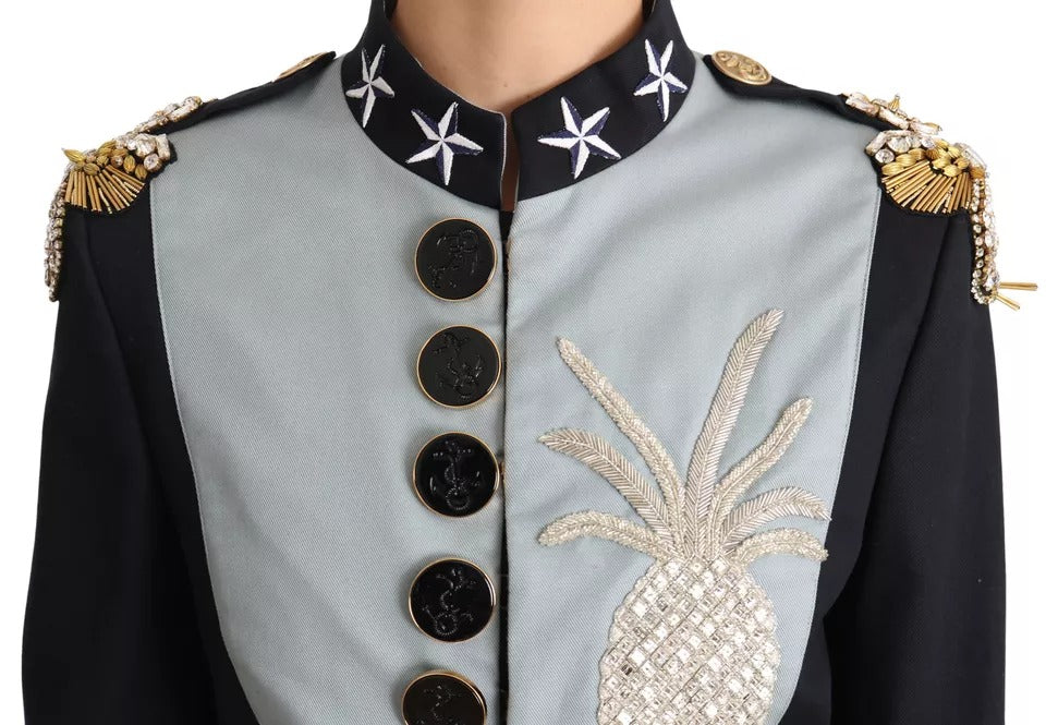 Dolce & Gabbana Blaue Jacke aus Baumwolle mit Knopfleiste und Kristallverzierung