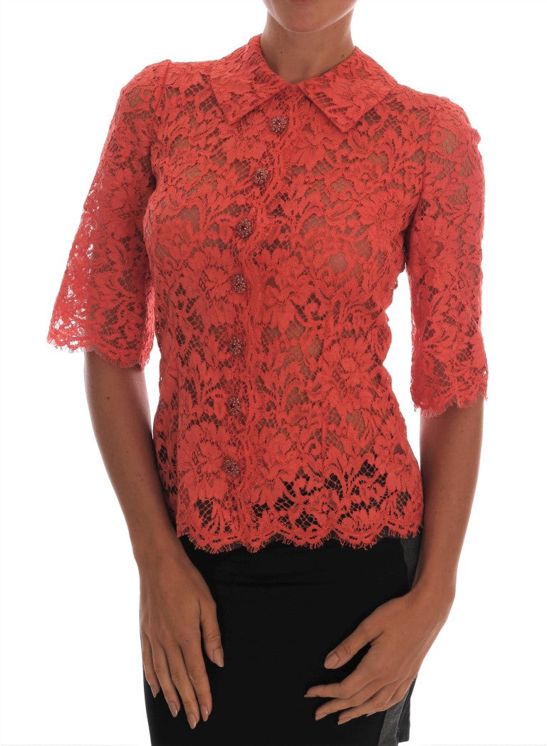 Dolce & Gabbana Orangefarbene Bluse mit Kristallknöpfen und floraler Spitze