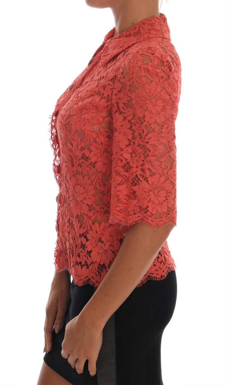 Dolce & Gabbana Orangefarbene Bluse mit Kristallknöpfen und floraler Spitze