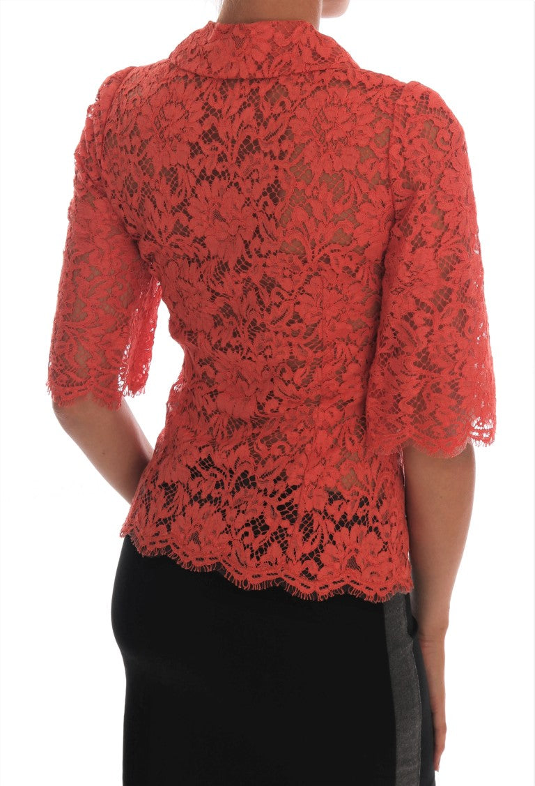 Dolce & Gabbana Orangefarbene Bluse mit Kristallknöpfen und floraler Spitze