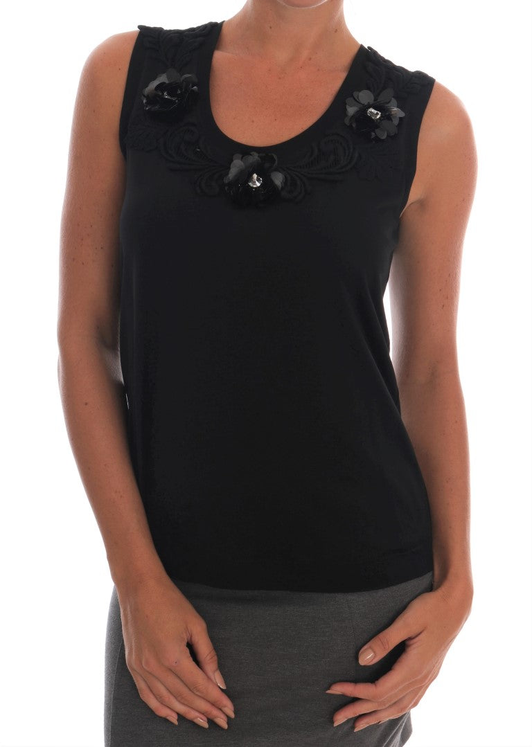 Dolce & Gabbana Schwarzes Baumwoll-Tank-Top mit geblümten Kristallen