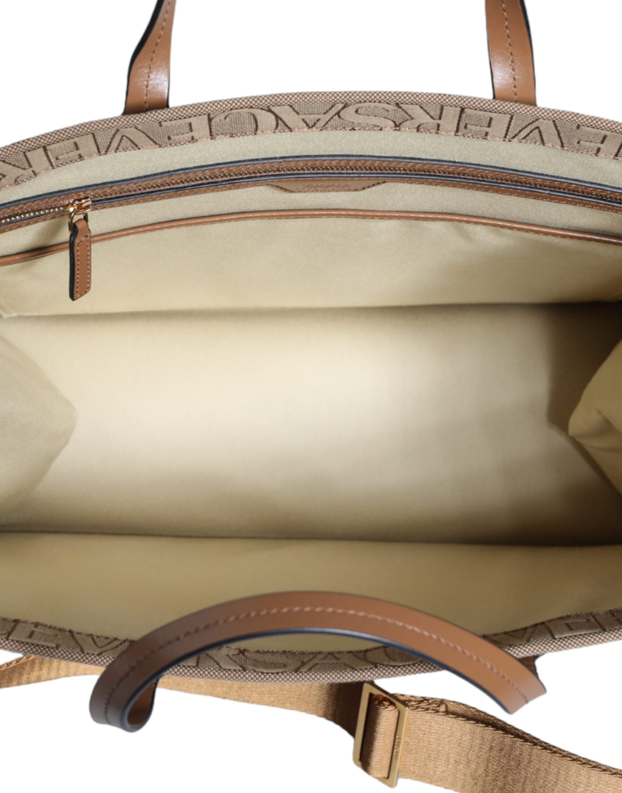 Versace Braune Jacquard-Leder-Logo-Crossbody-Tasche mit Obergriff