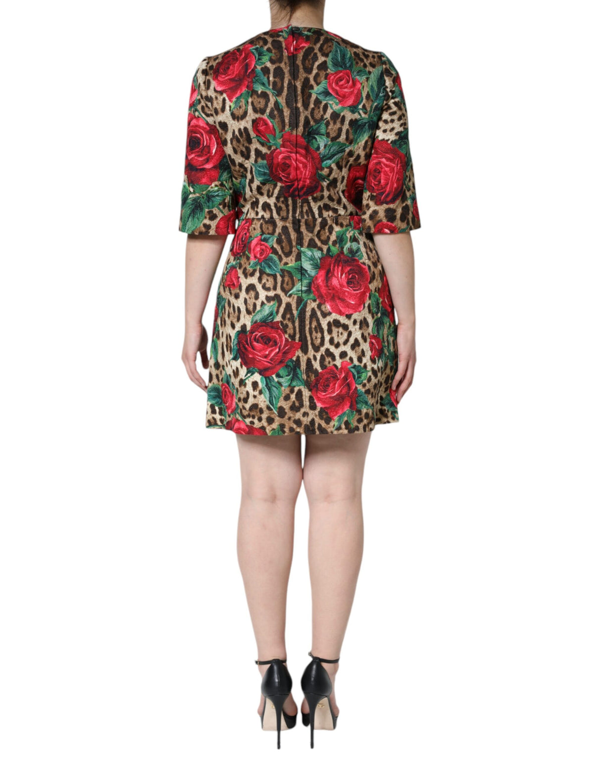 Dolce & Gabbana Braunes Leopardenkleid mit roten Rosen aus Baumwolle in A-Linie
