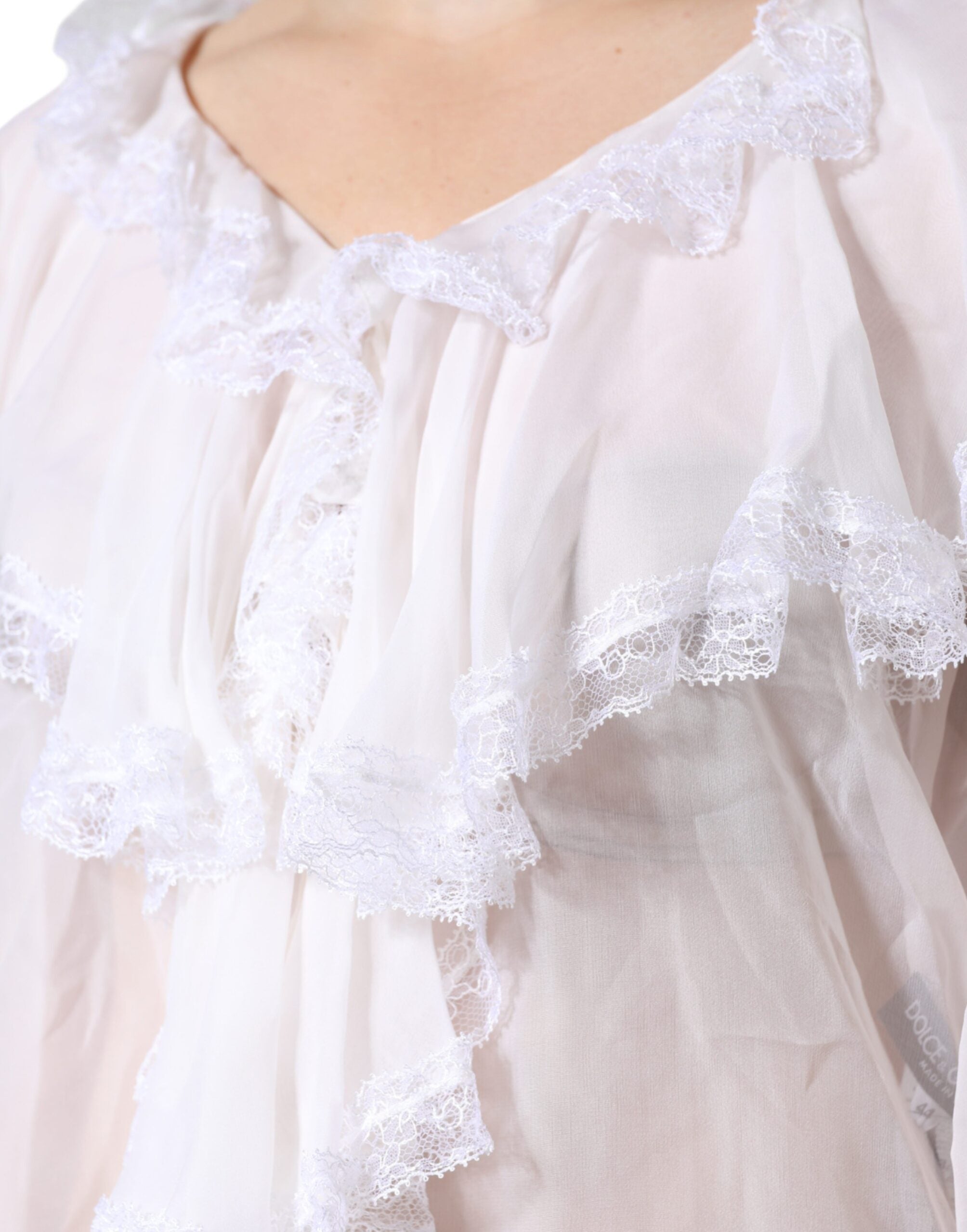 Dolce & Gabbana Weiße Langarmbluse mit Rüschen und Spitze