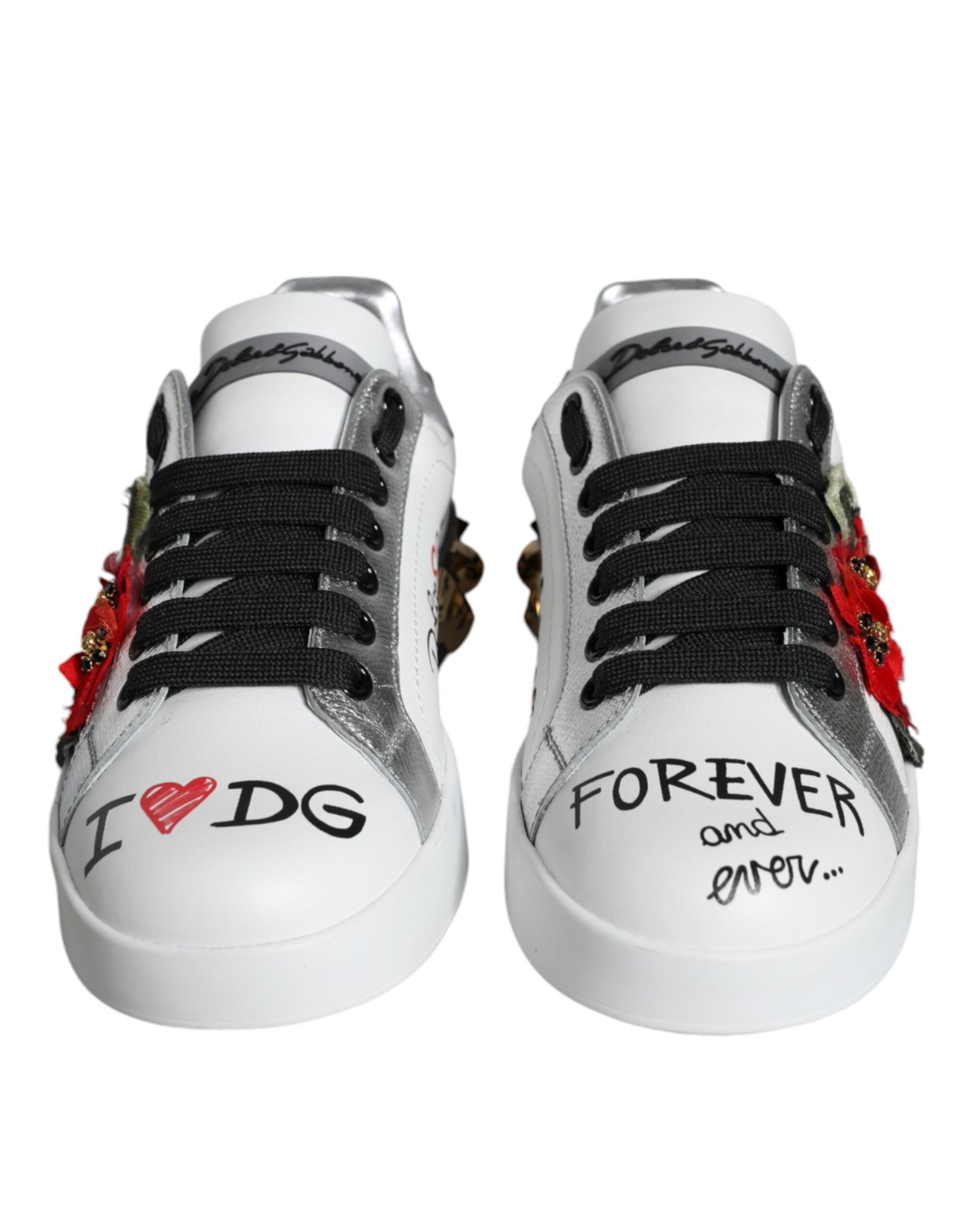 Dolce & Gabbana Weiße Leder-Sneaker mit Blumen-Applikationen und Nieten