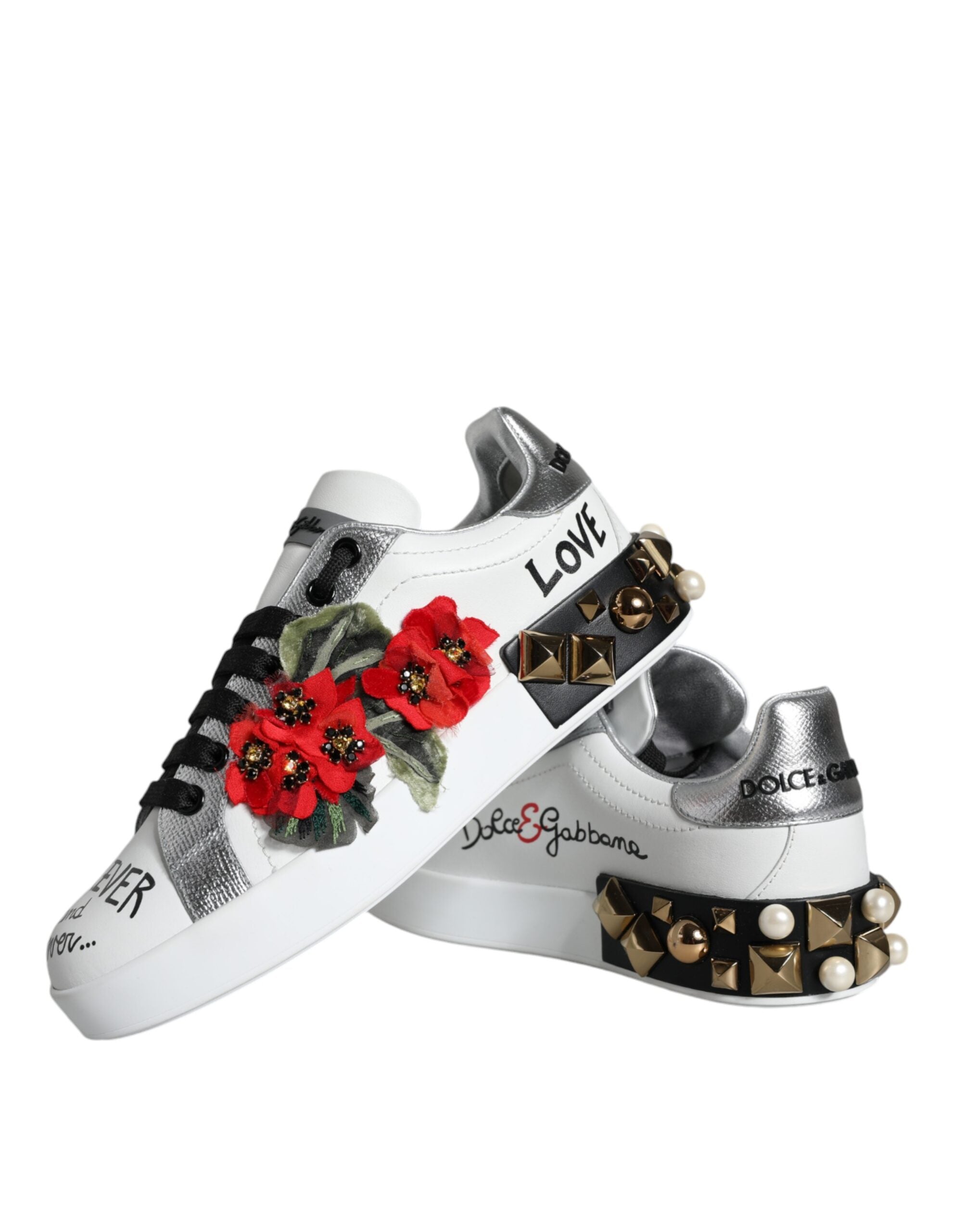 Dolce & Gabbana Weiße Leder-Sneaker mit Blumen-Applikationen und Nieten