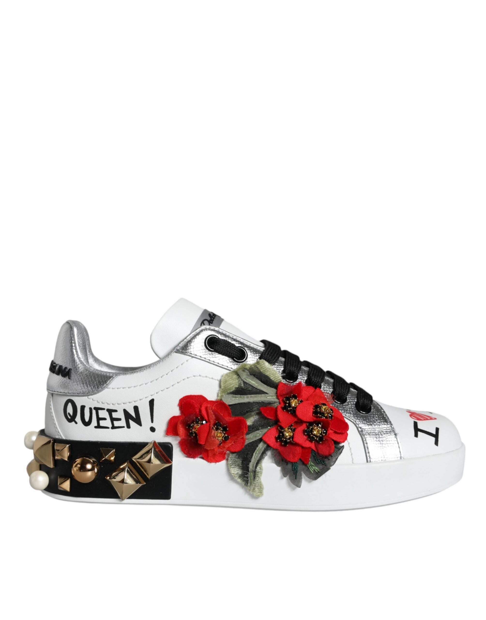 Dolce & Gabbana Weiße Leder-Sneaker mit Blumen-Applikationen und Nieten
