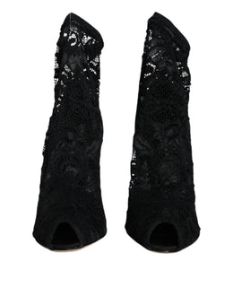 Dolce & Gabbana Schwarze Spitze Stretch Heels Mid Calf Stiefel Schuhe