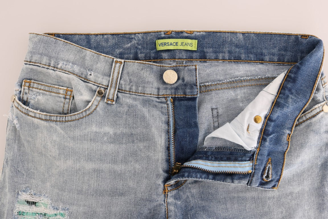 Versace Jeans Blaue Waschung Zerrissene Stretch Slim Fit Jeans