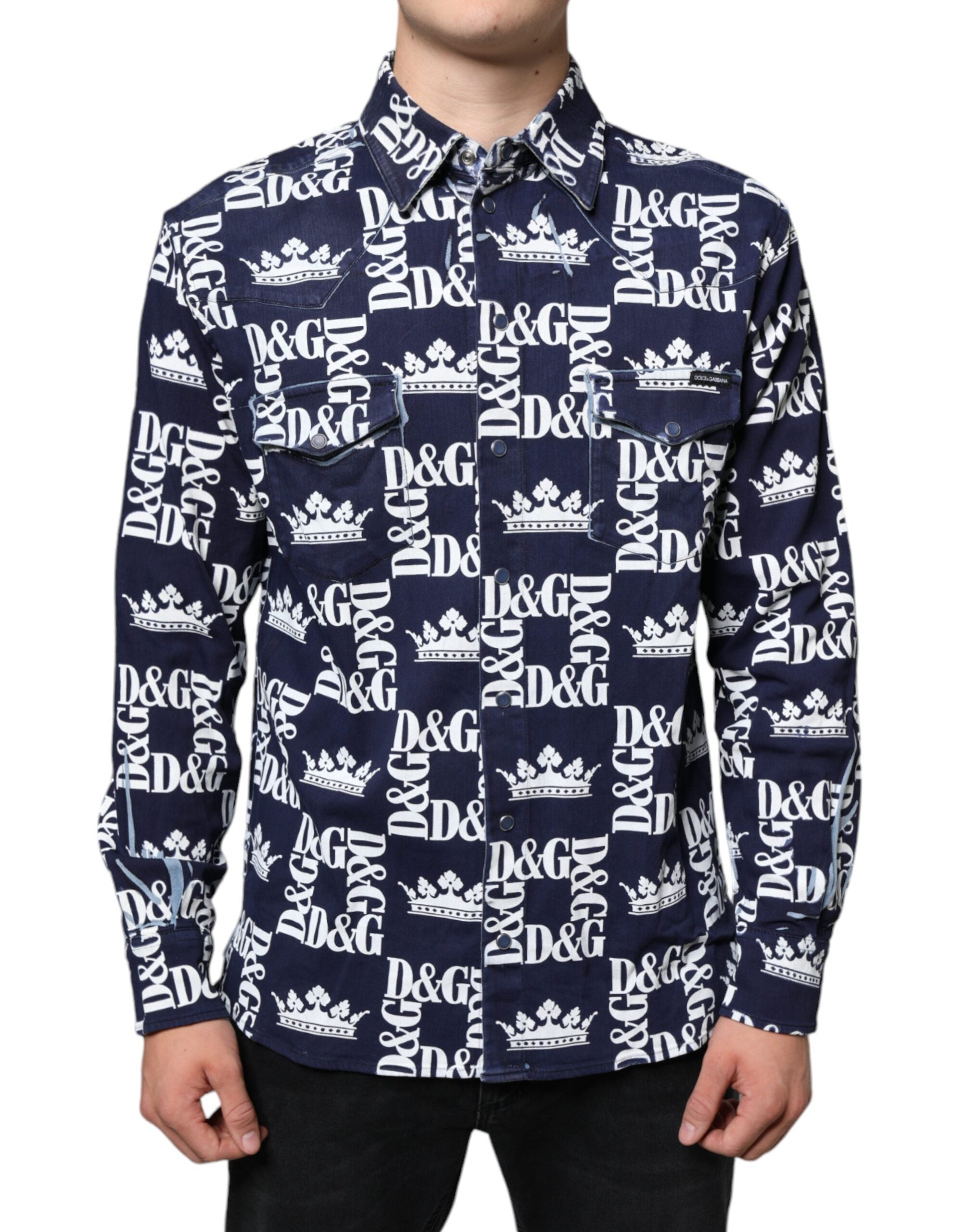 Dolce & Gabbana Blaue Krone Logo Print Slim Fit Baumwollhemd