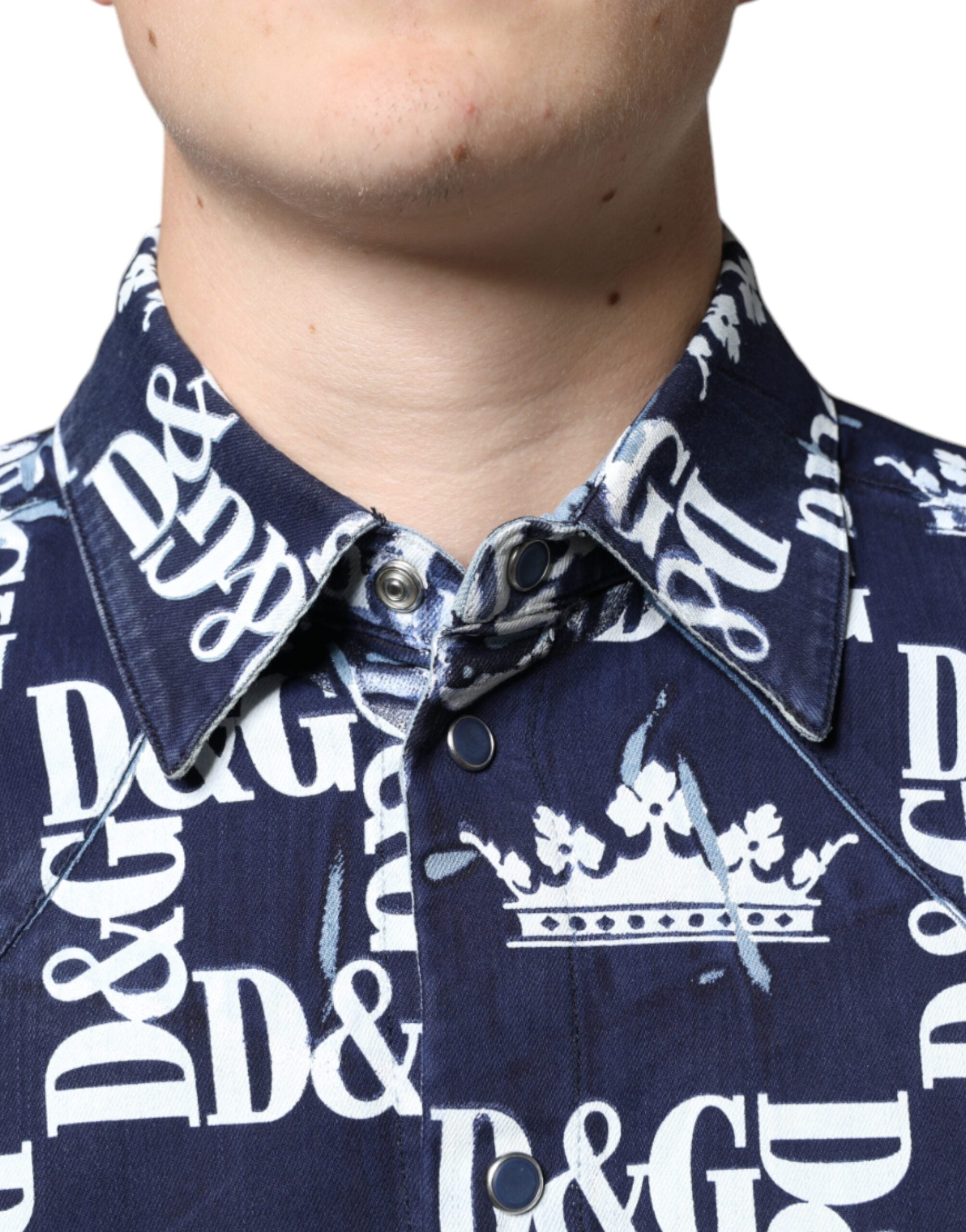 Dolce & Gabbana Blaue Krone Logo Print Slim Fit Baumwollhemd