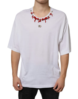 Dolce & Gabbana Weißes Baumwoll-T-Shirt mit Halsketten-Applikation