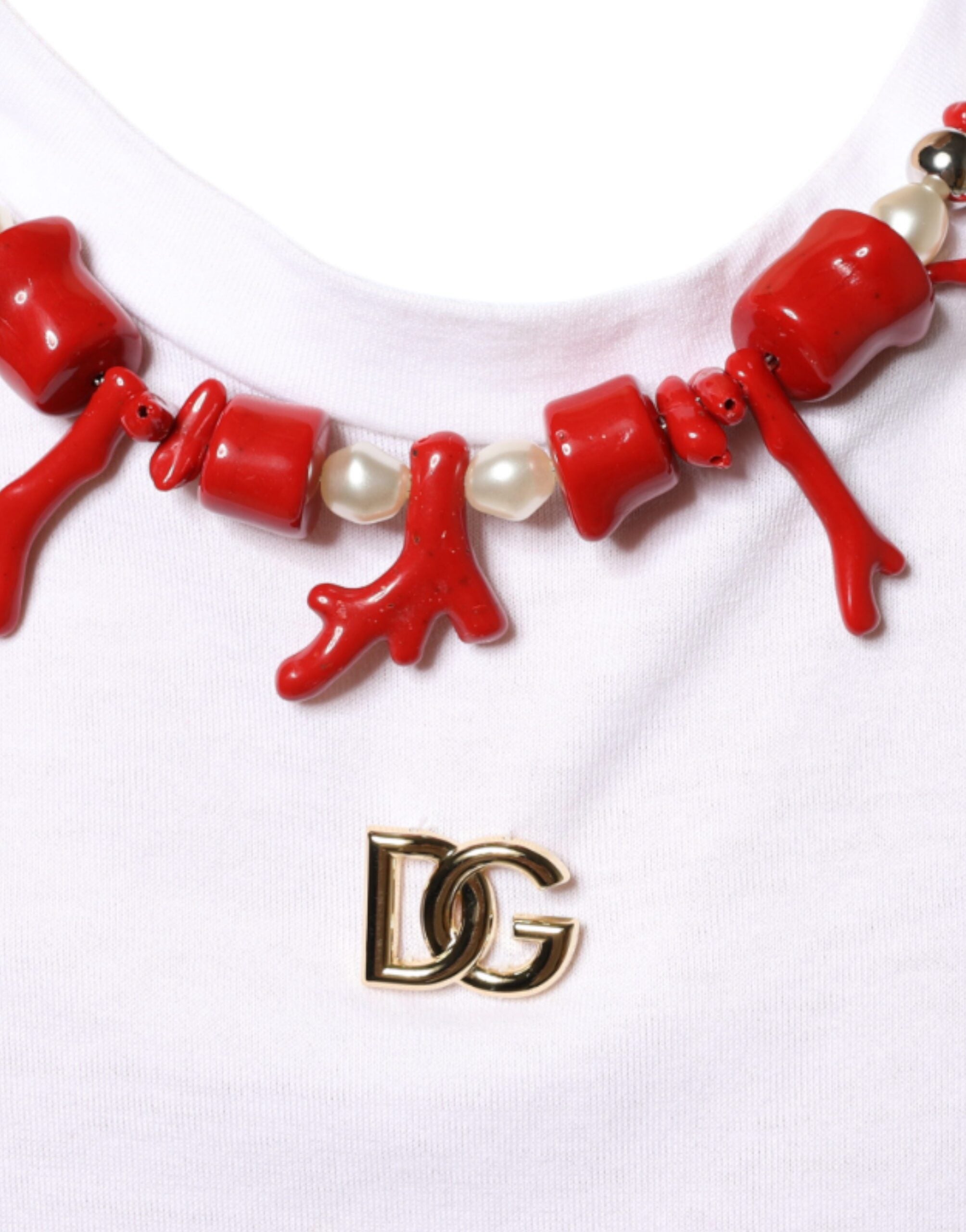 Dolce & Gabbana Weißes Baumwoll-T-Shirt mit Halsketten-Applikation