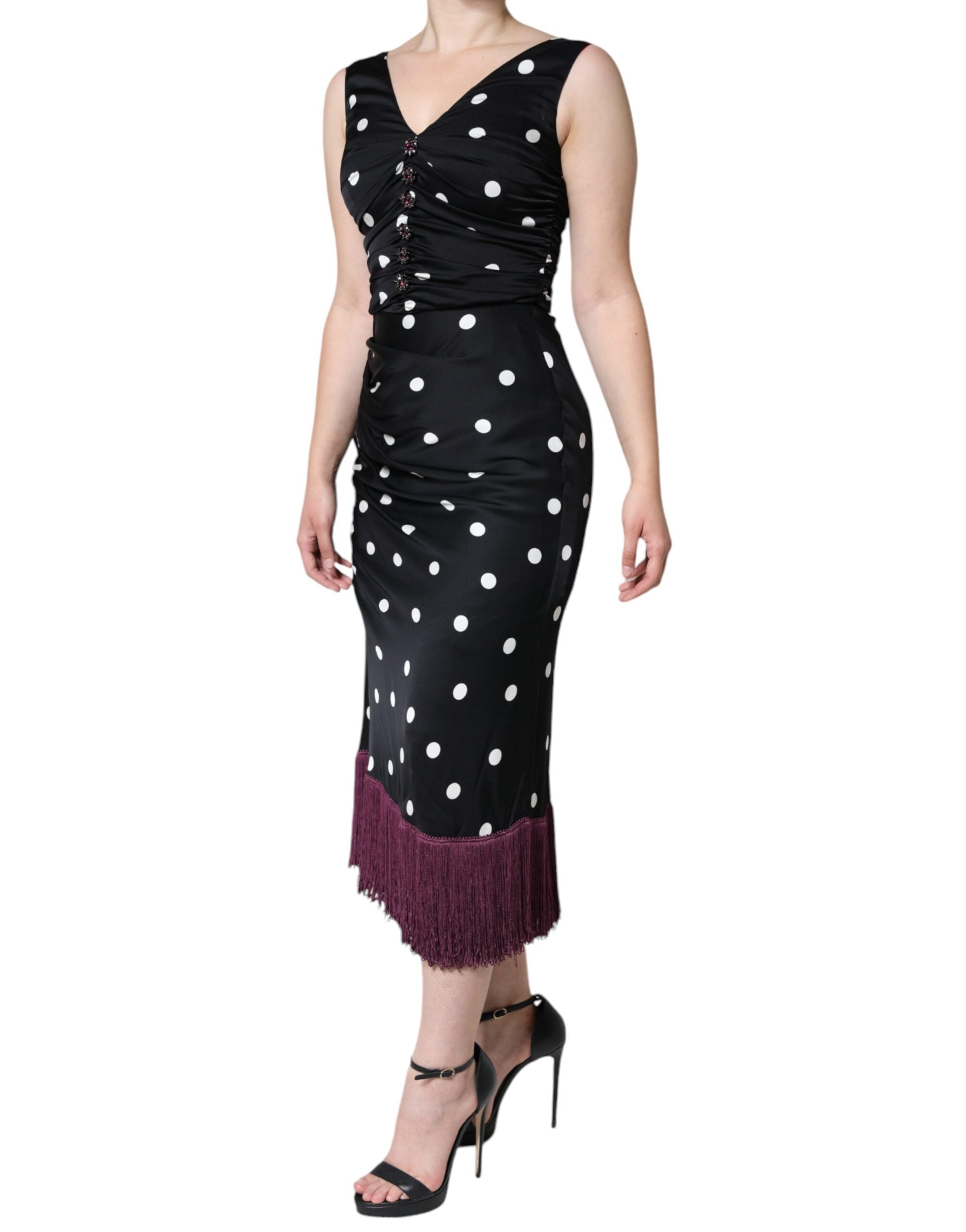 Dolce & Gabbana Schwarzes gepunktetes Midikleid aus Seide mit V-Ausschnitt und Quasten
