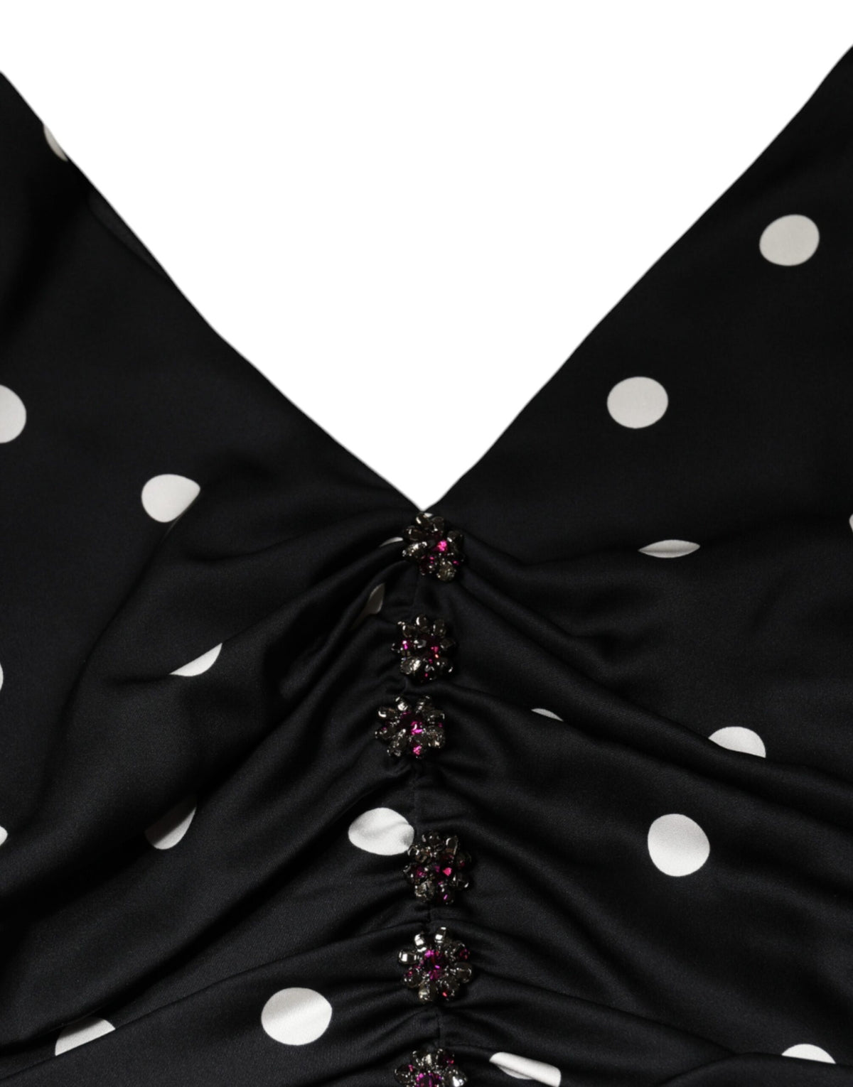 Dolce & Gabbana Schwarzes gepunktetes Midikleid aus Seide mit V-Ausschnitt und Quasten
