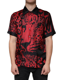 Dolce & Gabbana Rotes Leoparden-Seidenhemd mit Knopfleiste Freizeithemd