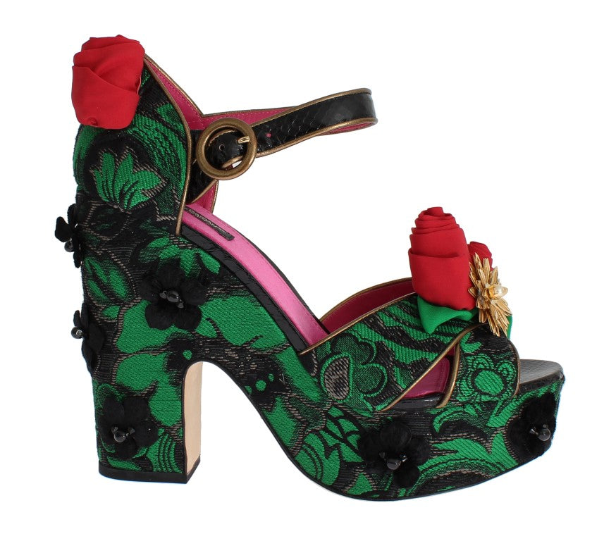 Dolce & Gabbana Grüner Brokat Schlangenleder Rosen Kristall Schuhe