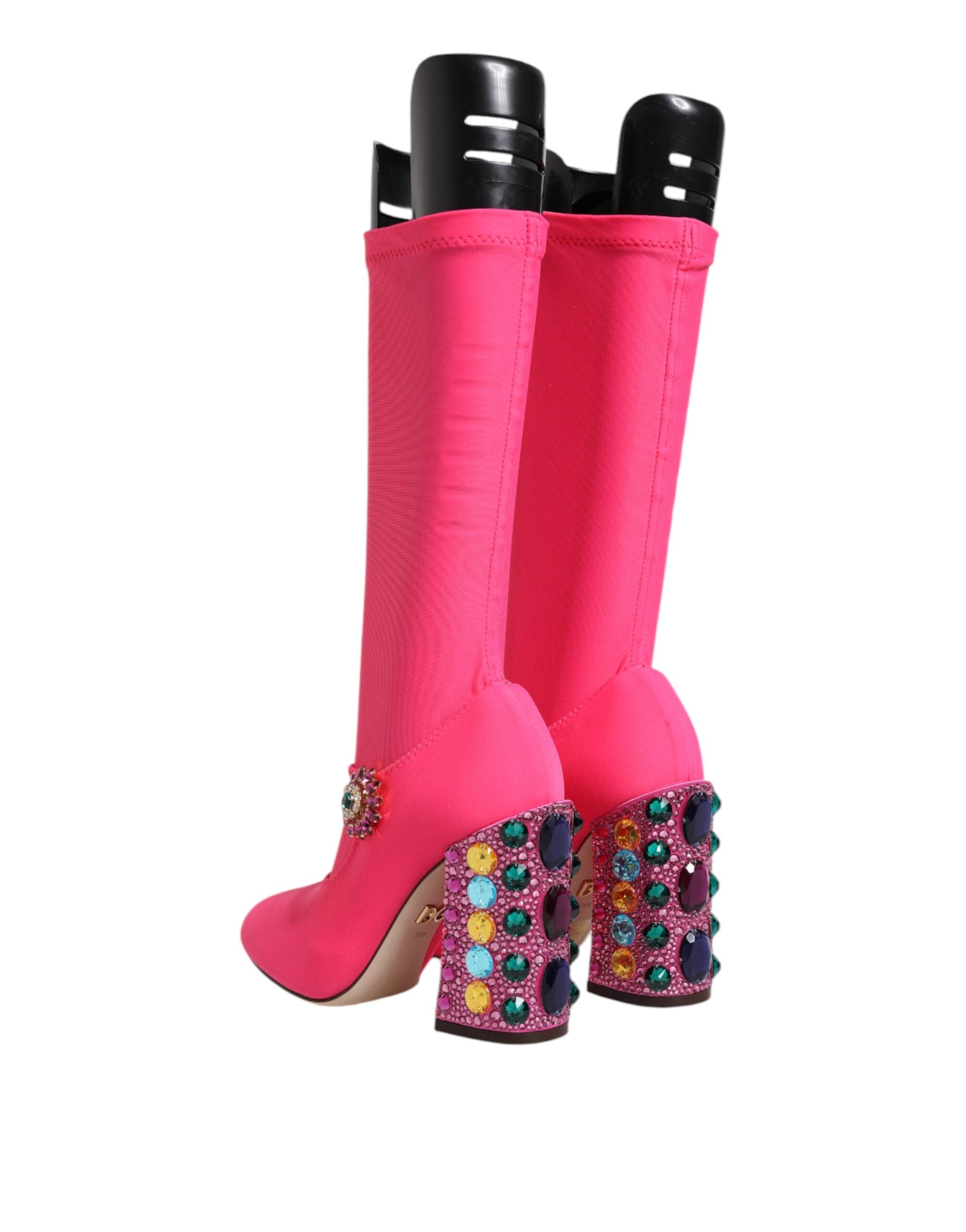 Dolce & Gabbana Rosa Nylon Kristall Vally Hohe Stiefel Schuhe