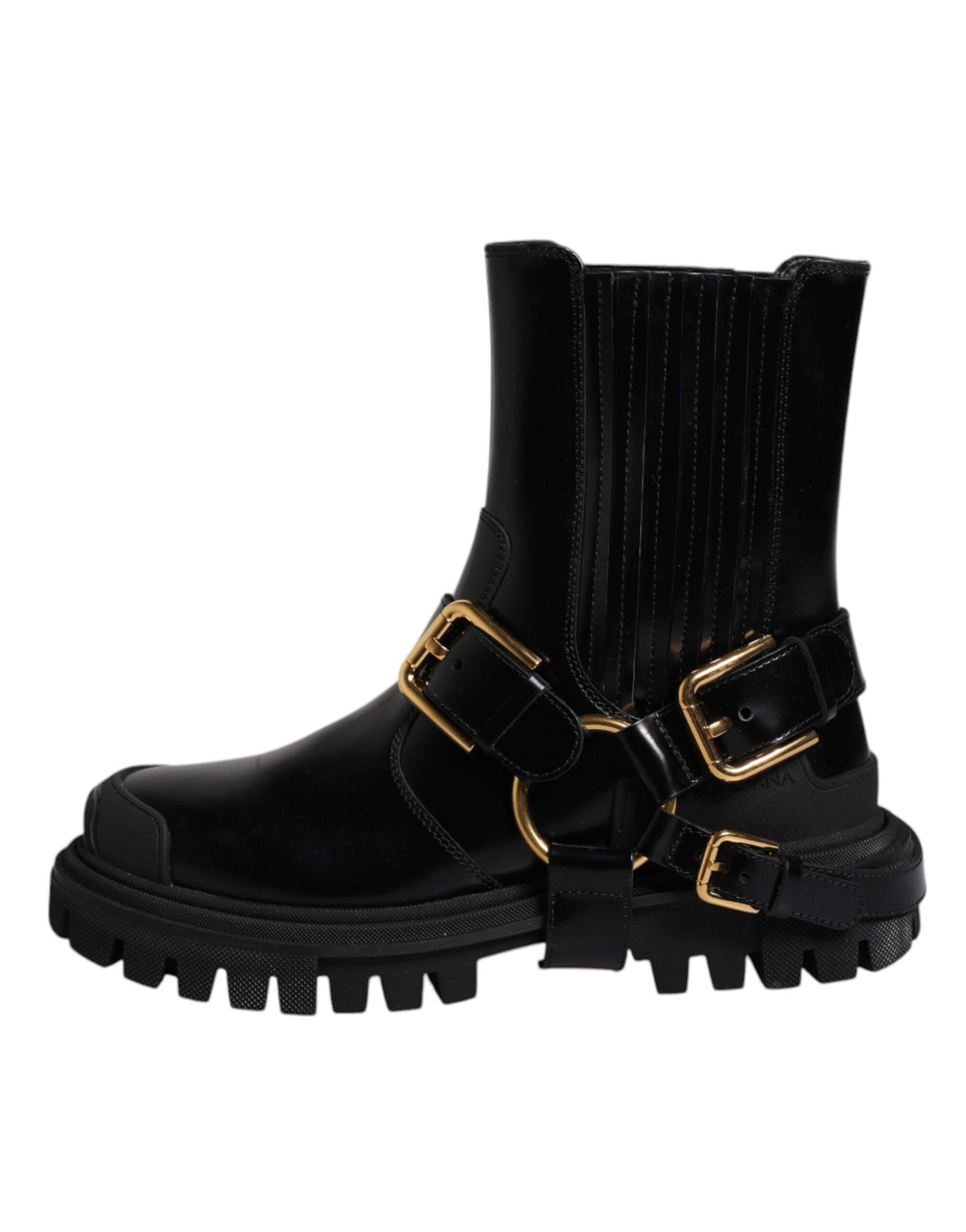 Dolce & Gabbana Schwarz Leder Slip On Stretch Trekking Stiefel Schuhe