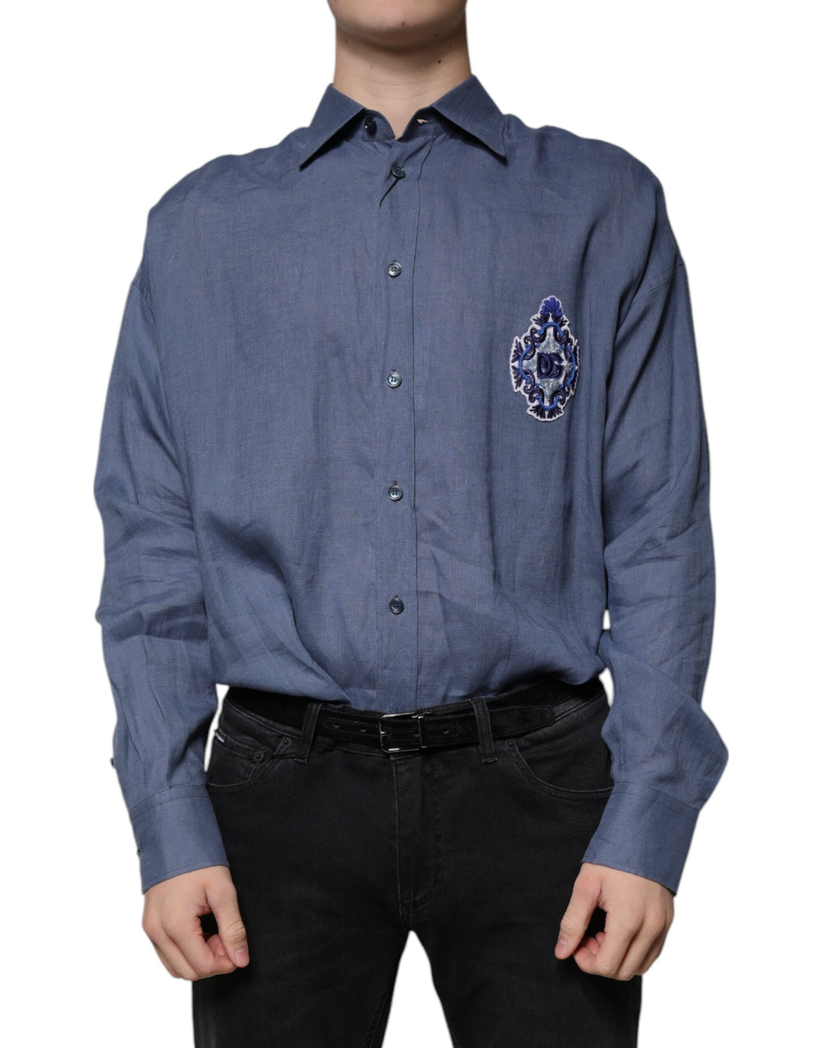 Dolce & Gabbana Blaues Logo Langarm-Button-Down Freizeithemd