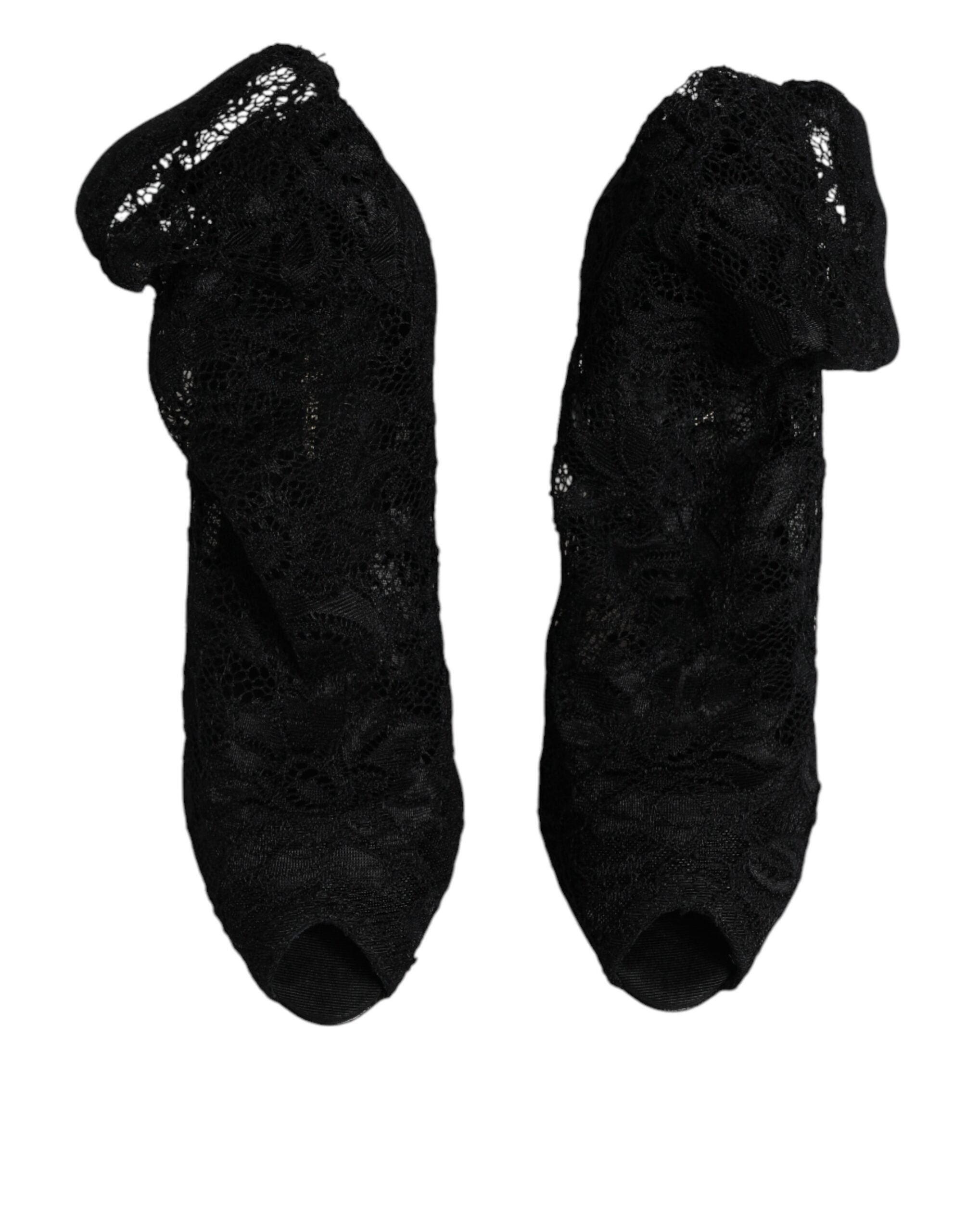 Dolce & Gabbana Schwarze Spitze Stretch Heels Mittlere Wadenstiefel Schuhe