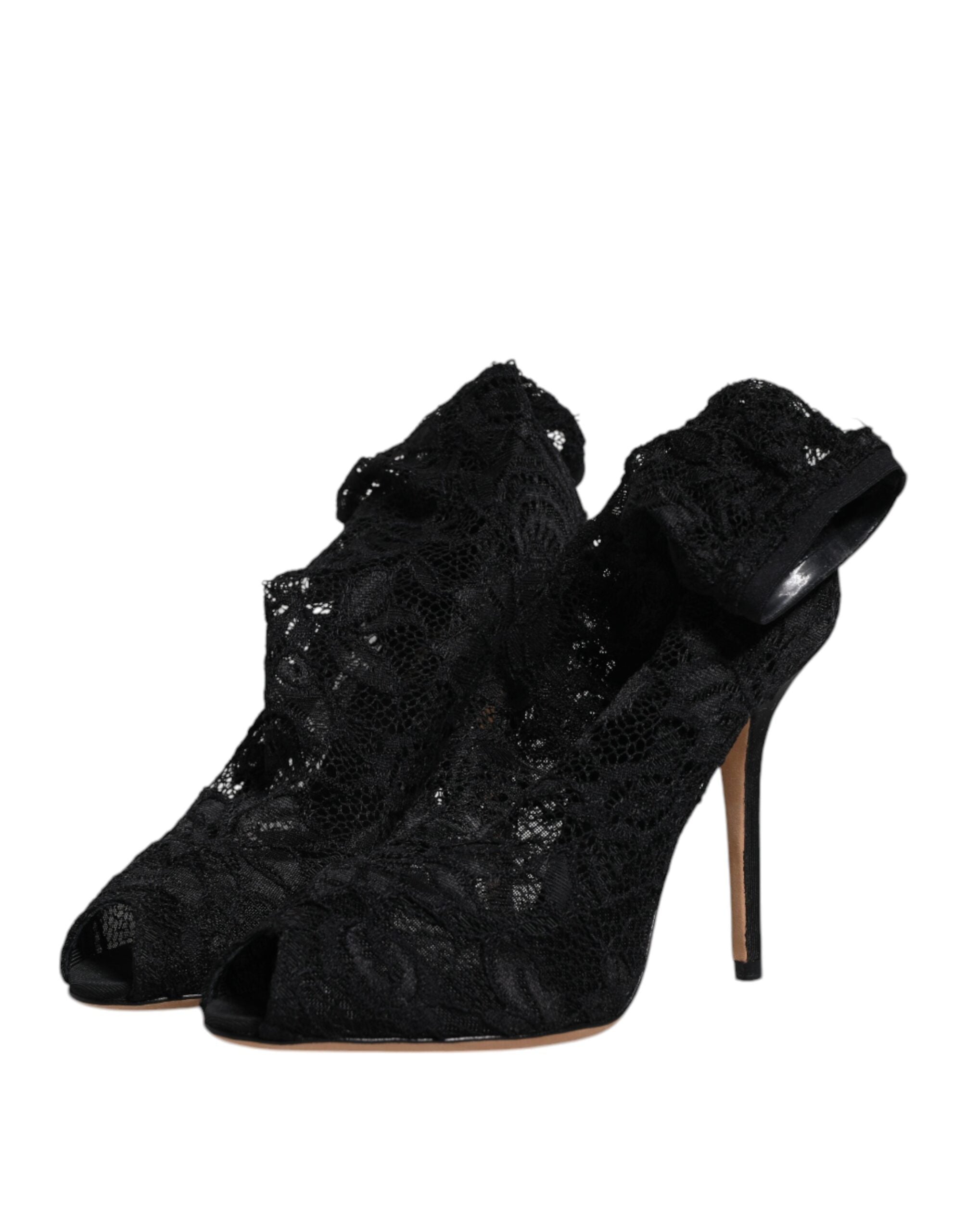 Dolce & Gabbana Schwarze Spitze Stretch Heels Mittlere Wadenstiefel Schuhe
