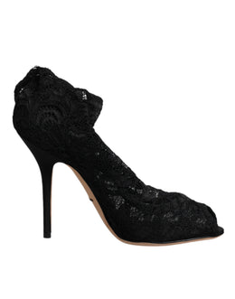 Dolce & Gabbana Schwarze Spitze Stretch Heels Mittlere Wadenstiefel Schuhe
