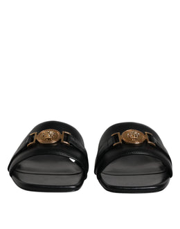 Versace Schwarz Leder Logo Plaque Slip On Slides Flats Schuhe