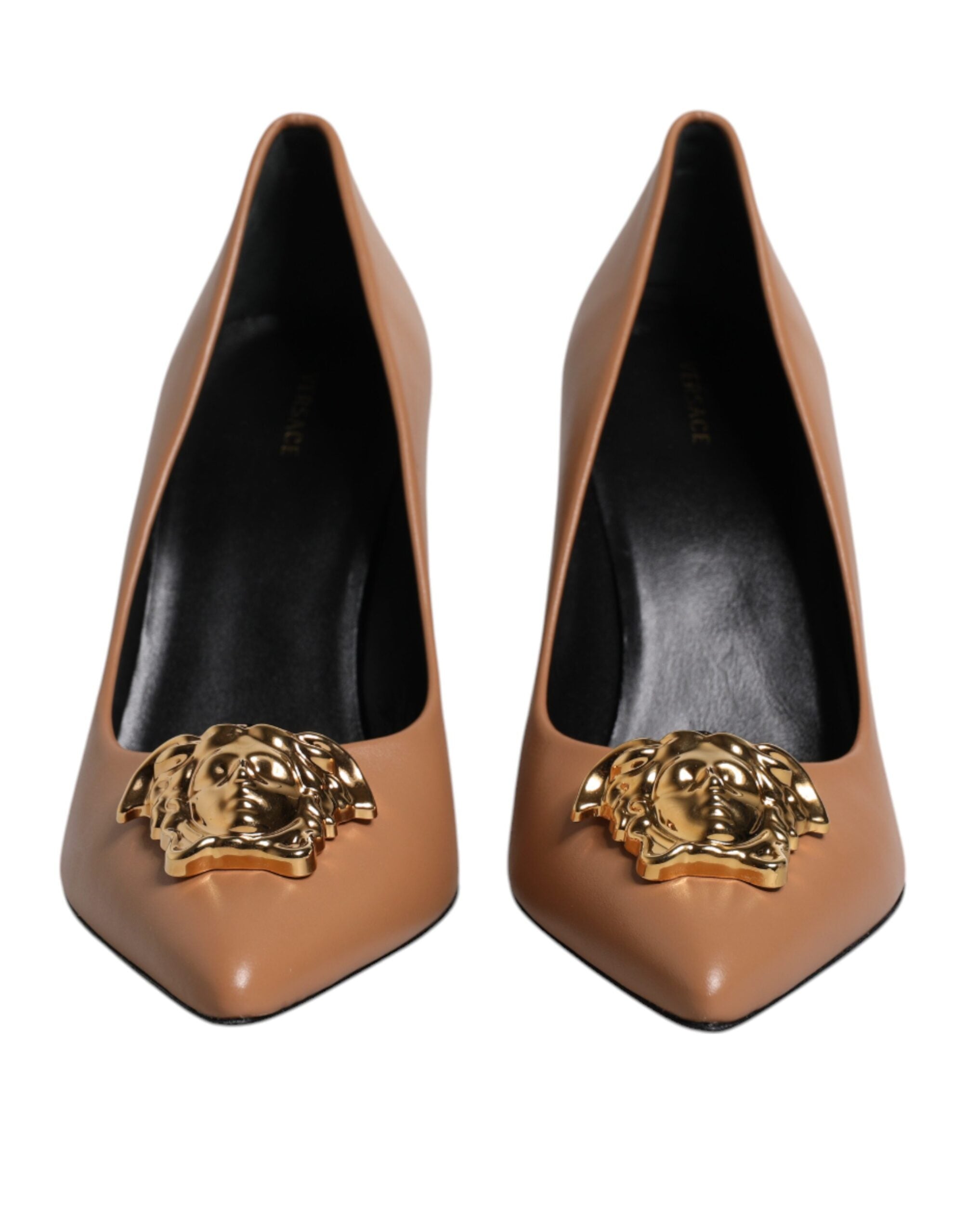 Versace Braun Leder Logo Plaque High Heels Pumps Schuhe