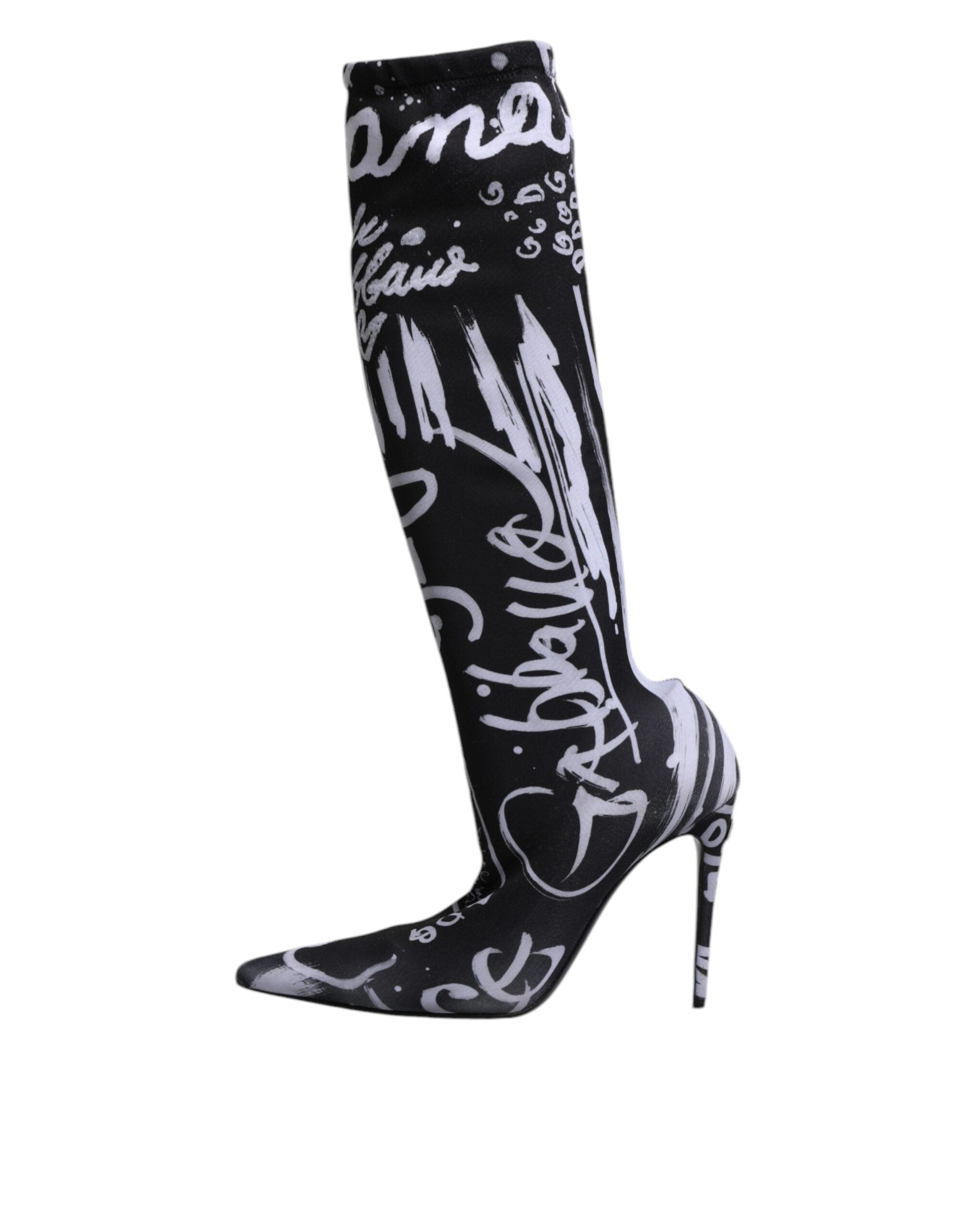 Dolce & Gabbana Schwarz Logo Stretch Heels Hohe Stiefel Schuhe