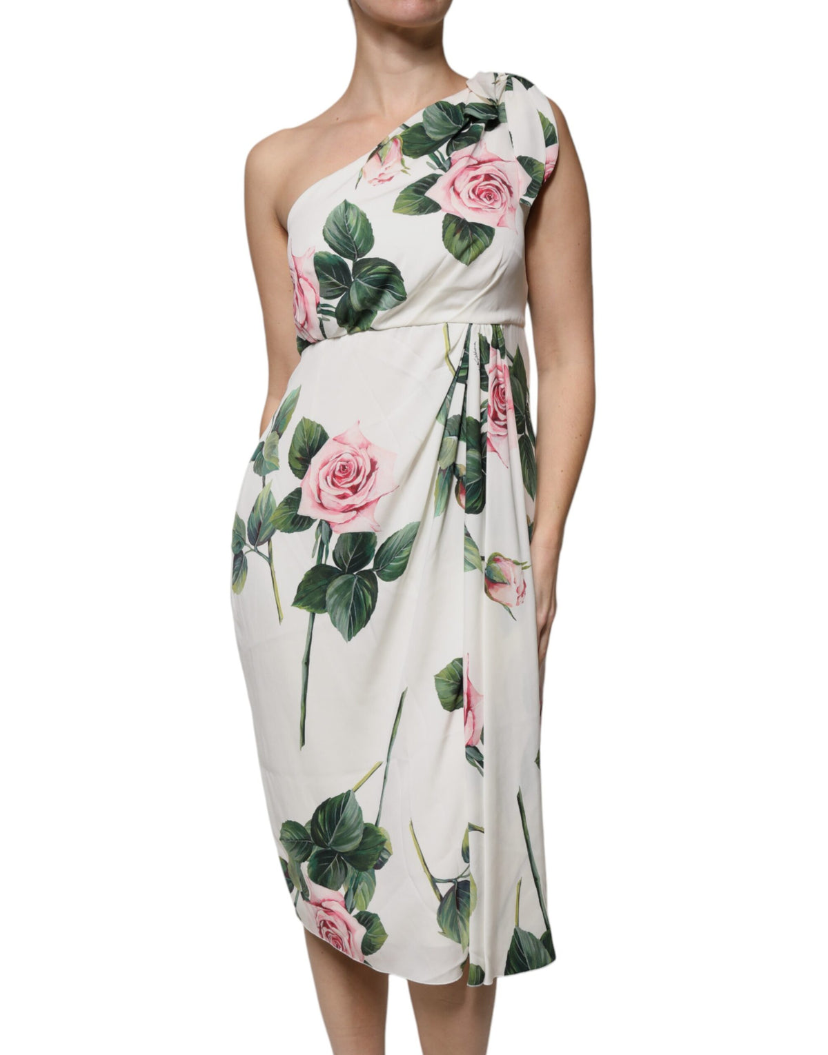 Dolce & Gabbana Weißes geblümtes Midikleid aus Seide mit einer Schulter