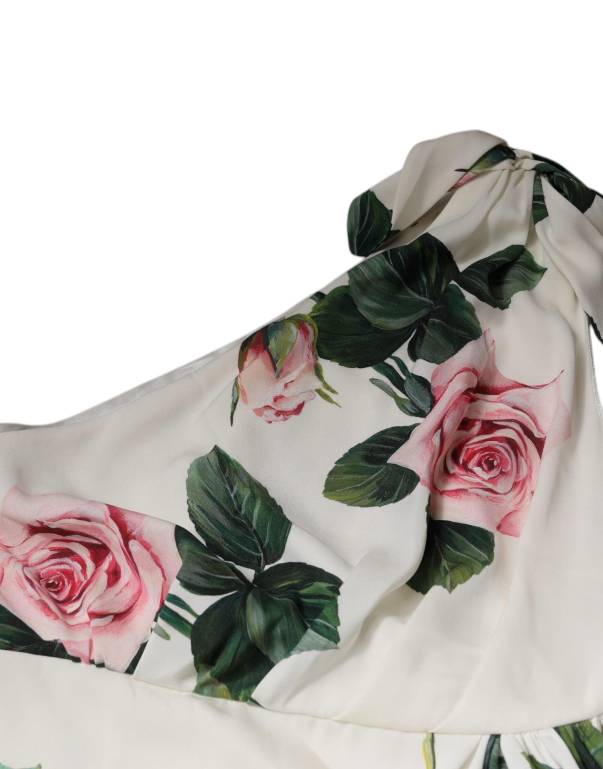 Dolce & Gabbana Weißes geblümtes Midikleid aus Seide mit einer Schulter